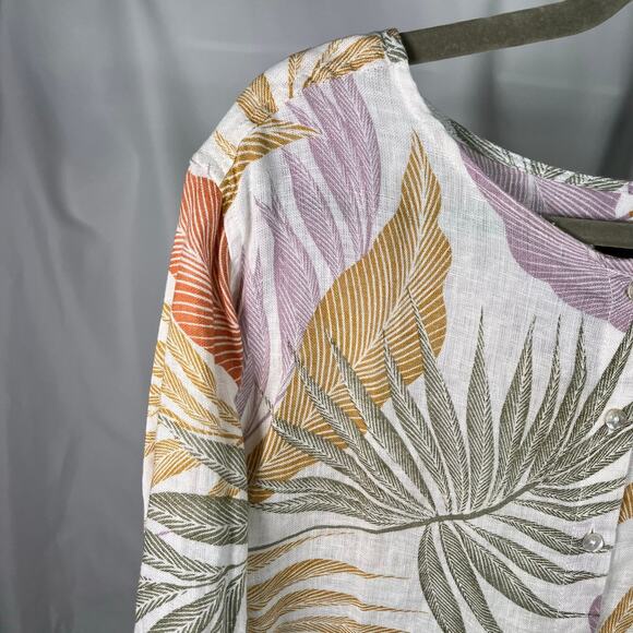 Tahari 100% Linen Button‎ Front Blouse 2X Tropical Leaf Print Long Sleeve Top - Picture 4 of 11